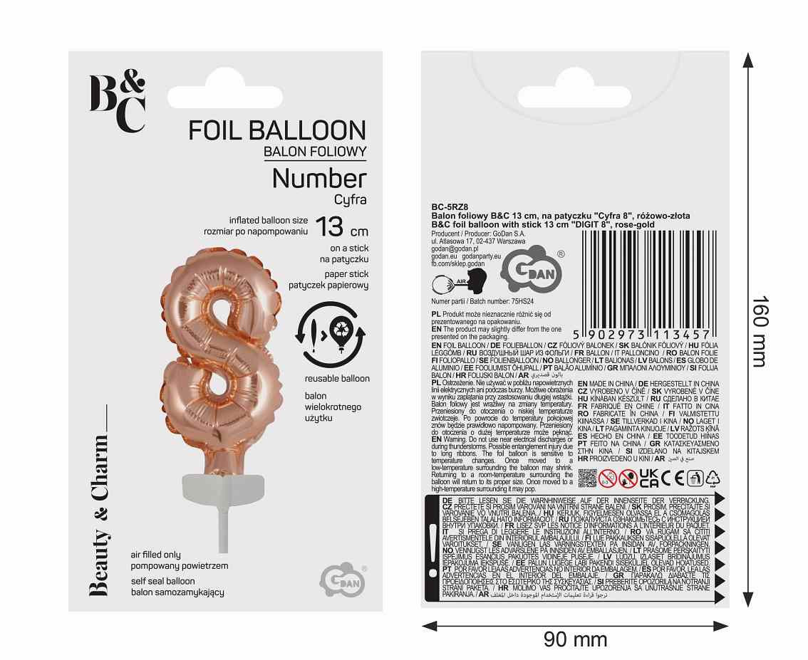 Foil balloon with stick 5" DIGIT 8, rose-gold